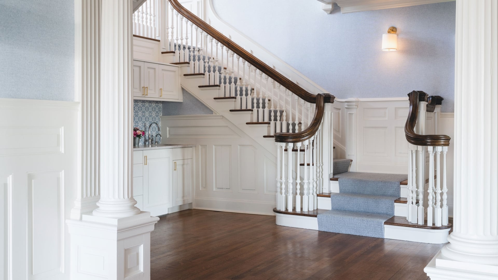 Large white staircase in the Zabriskie House.