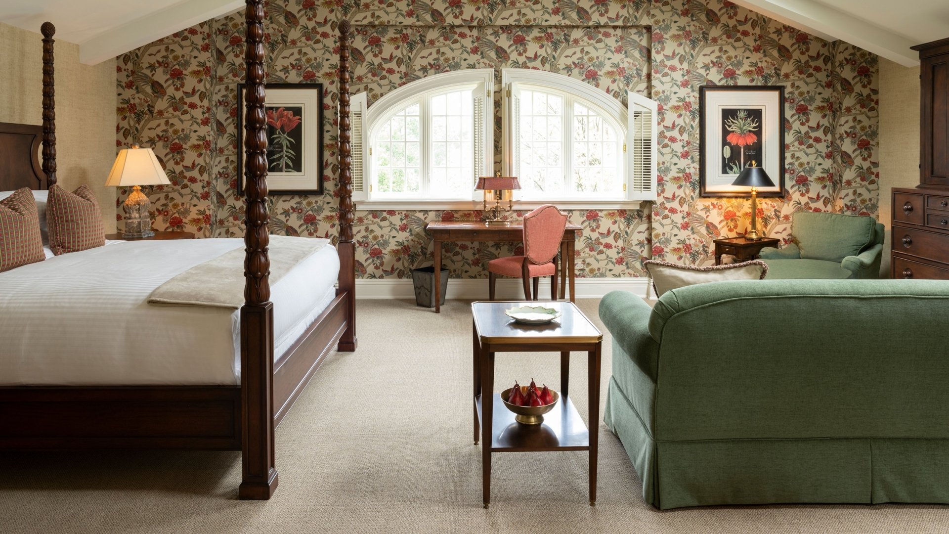 Premier Lake View with bed, seating area, and floral wallpaper.