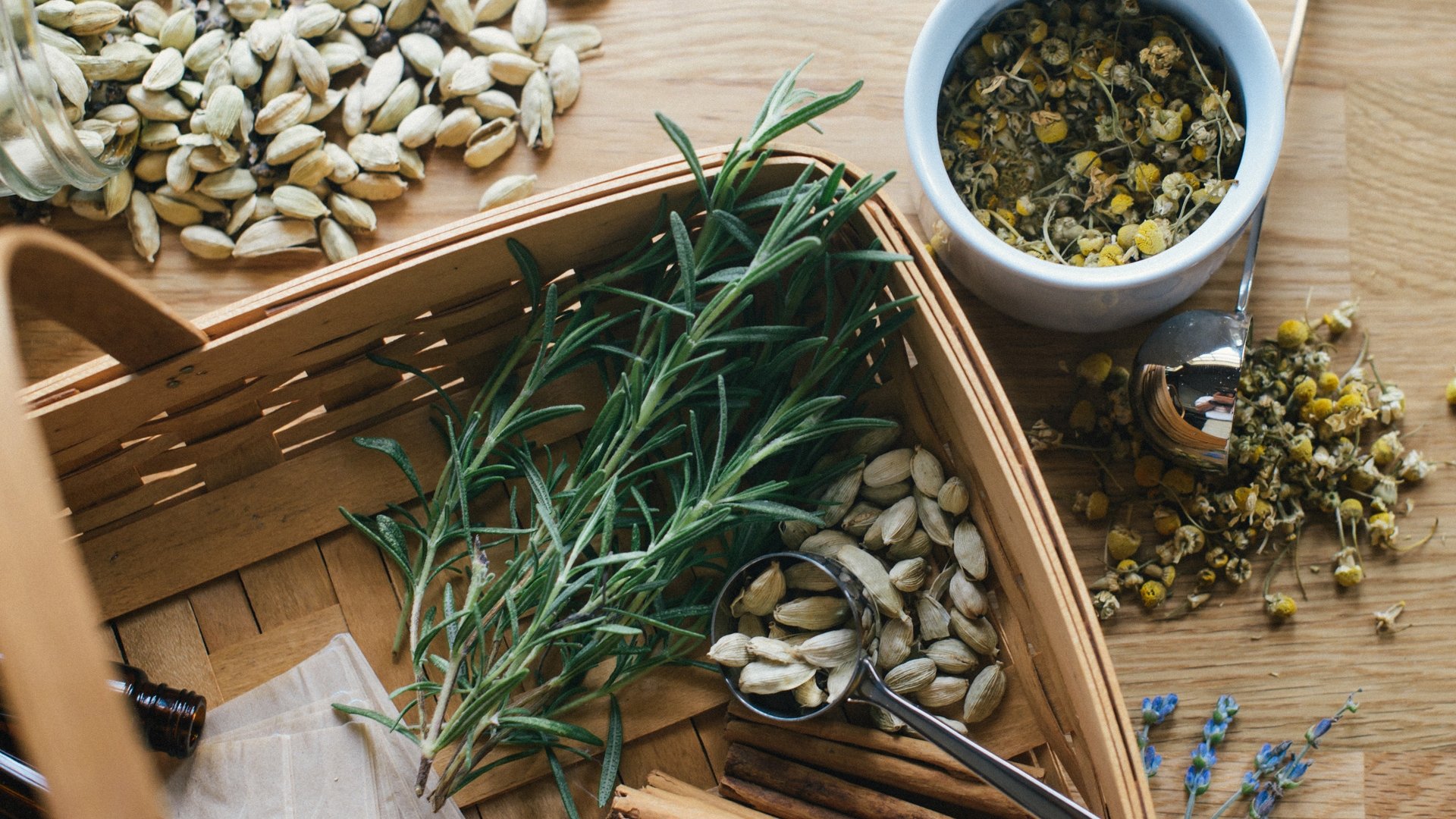 Basket of fresh herbs and spices on wooden table.