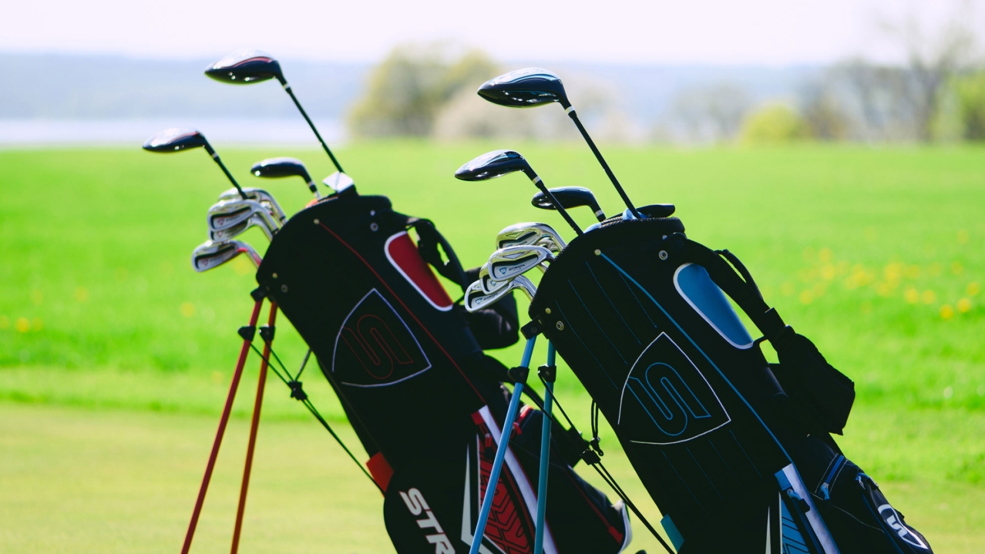 Pair of golf clubs and bags on green course.