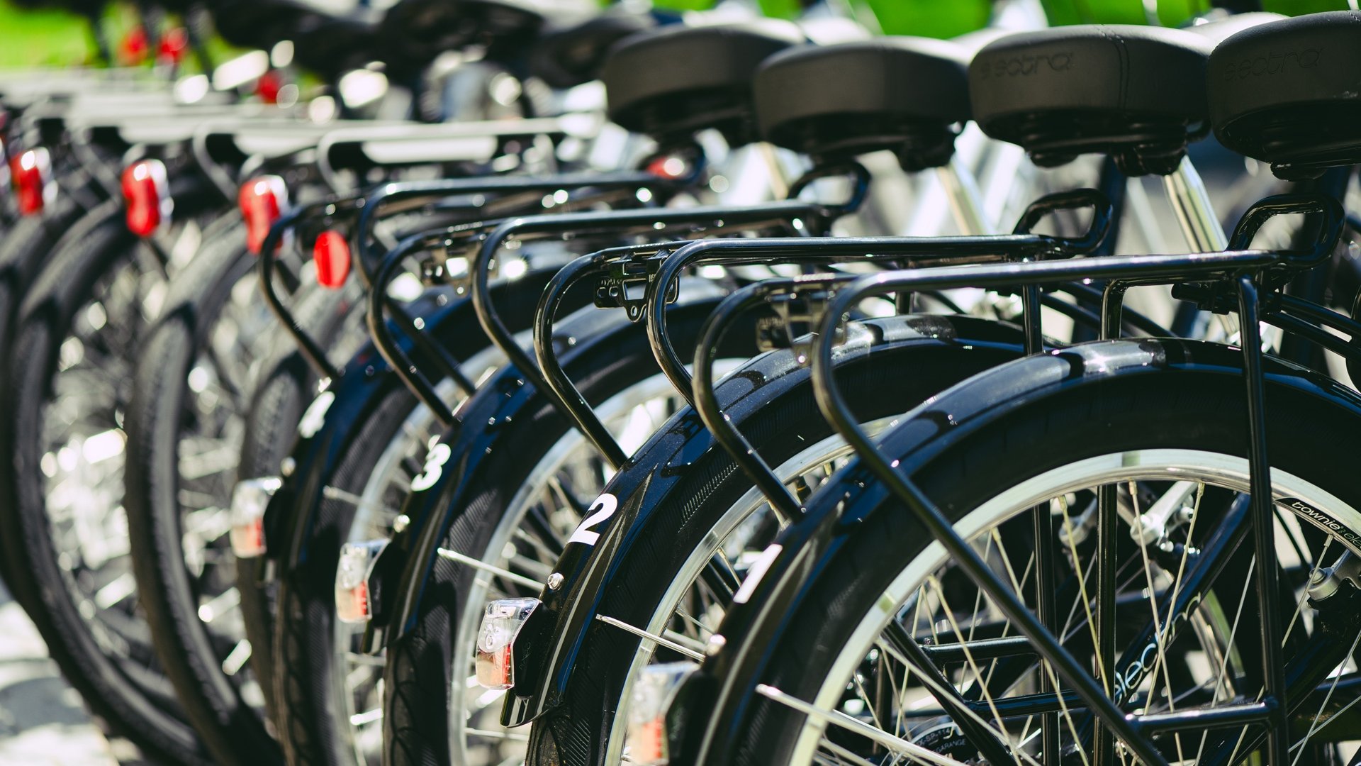 Row of rental bicycles.