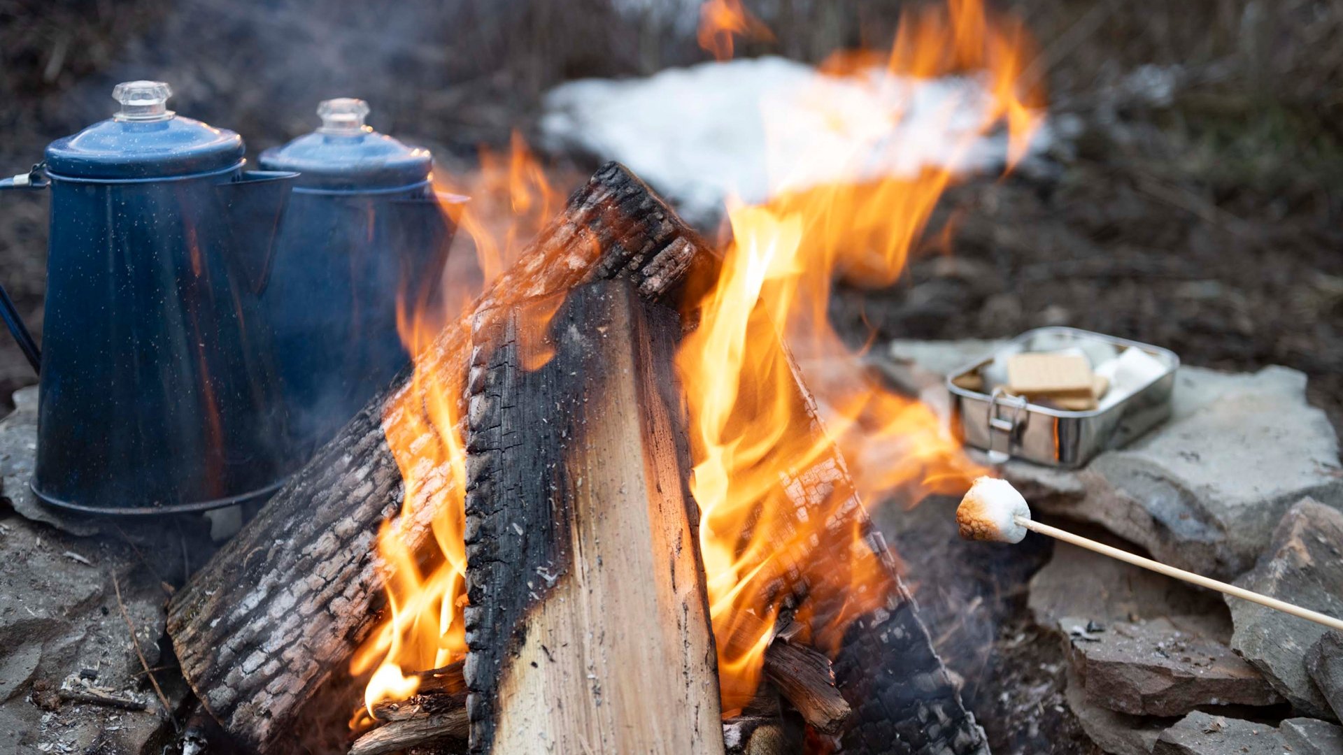 Roasting marshmallows over a fire at Lantern Trails.