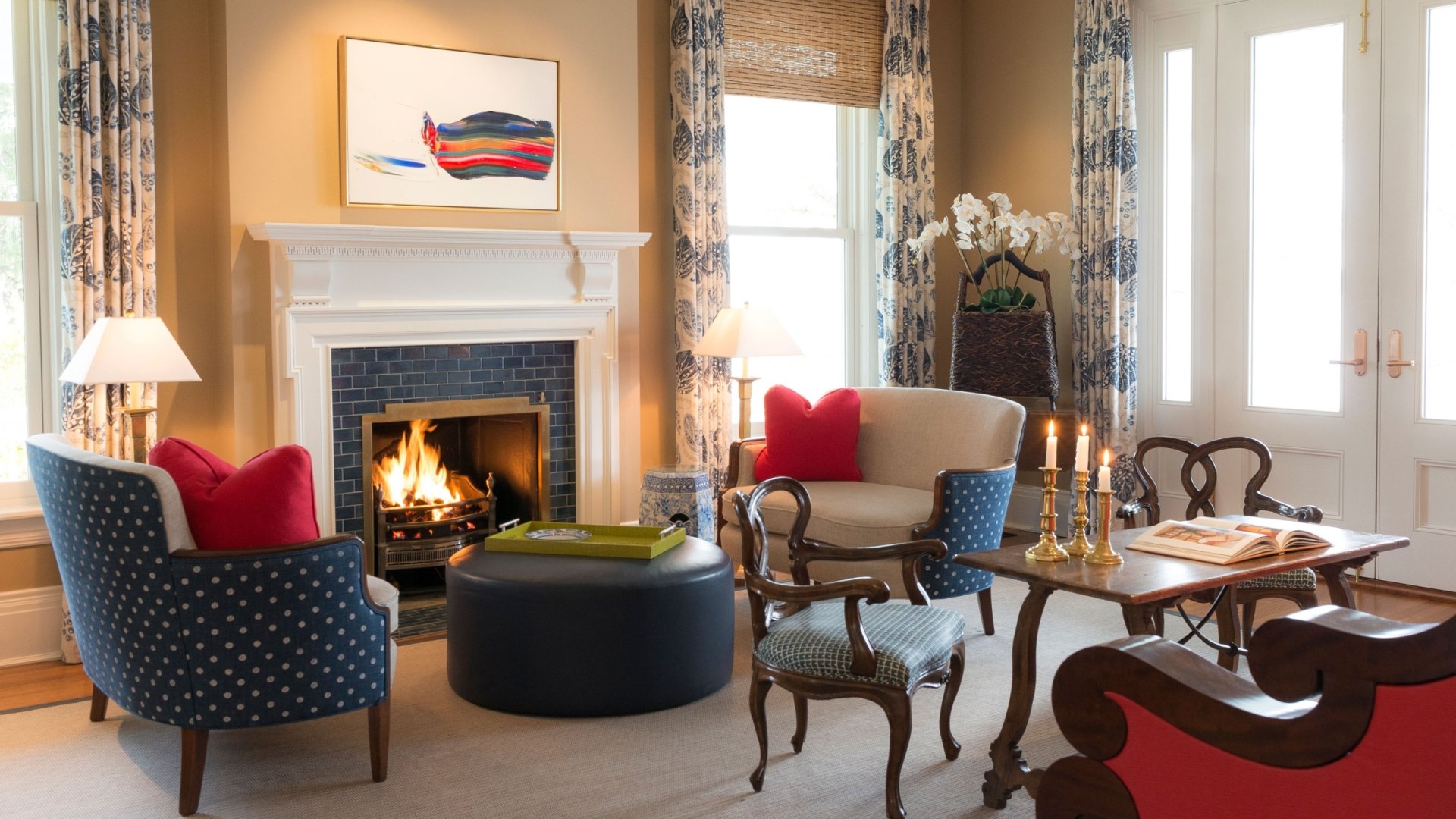 Rowland House West Parlor living room with fireplace.