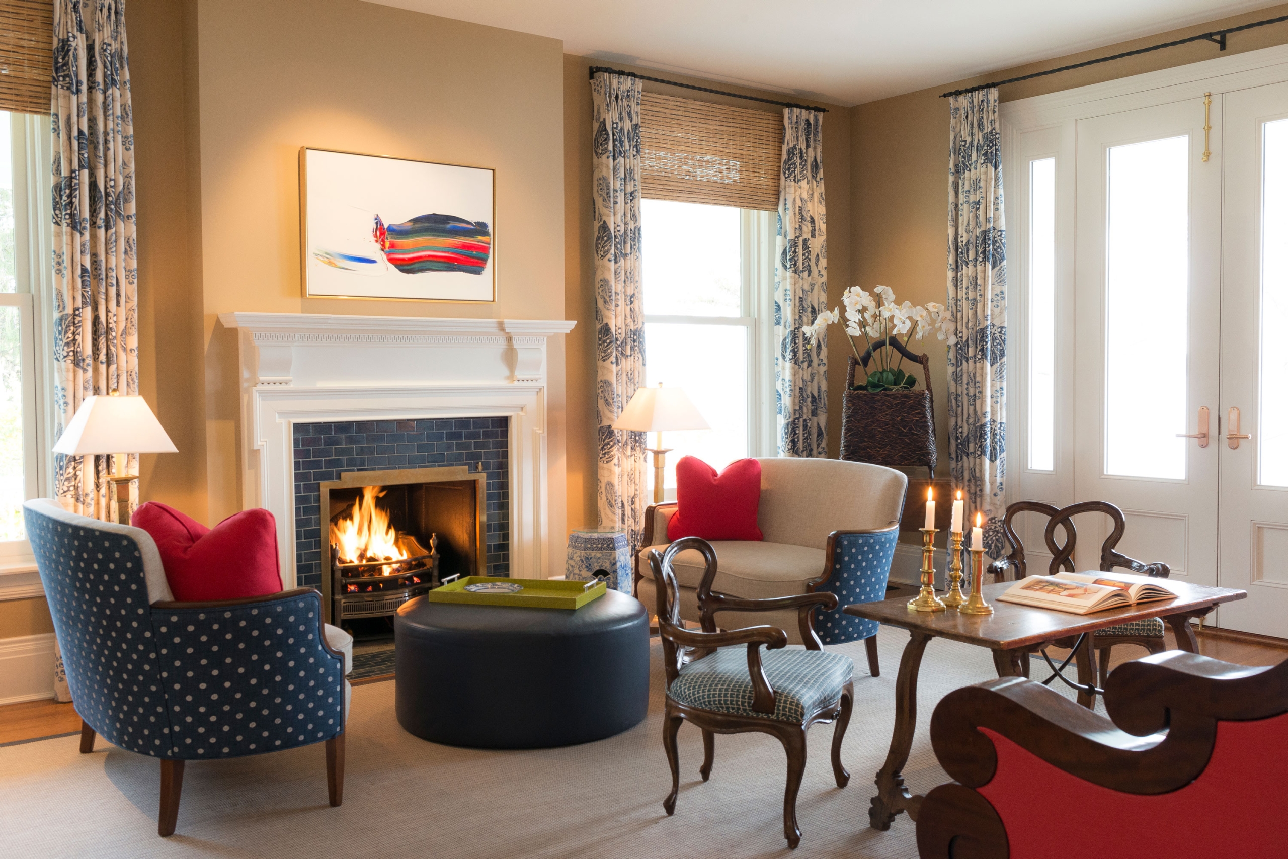 Rowland House West Parlor living room with fireplace.