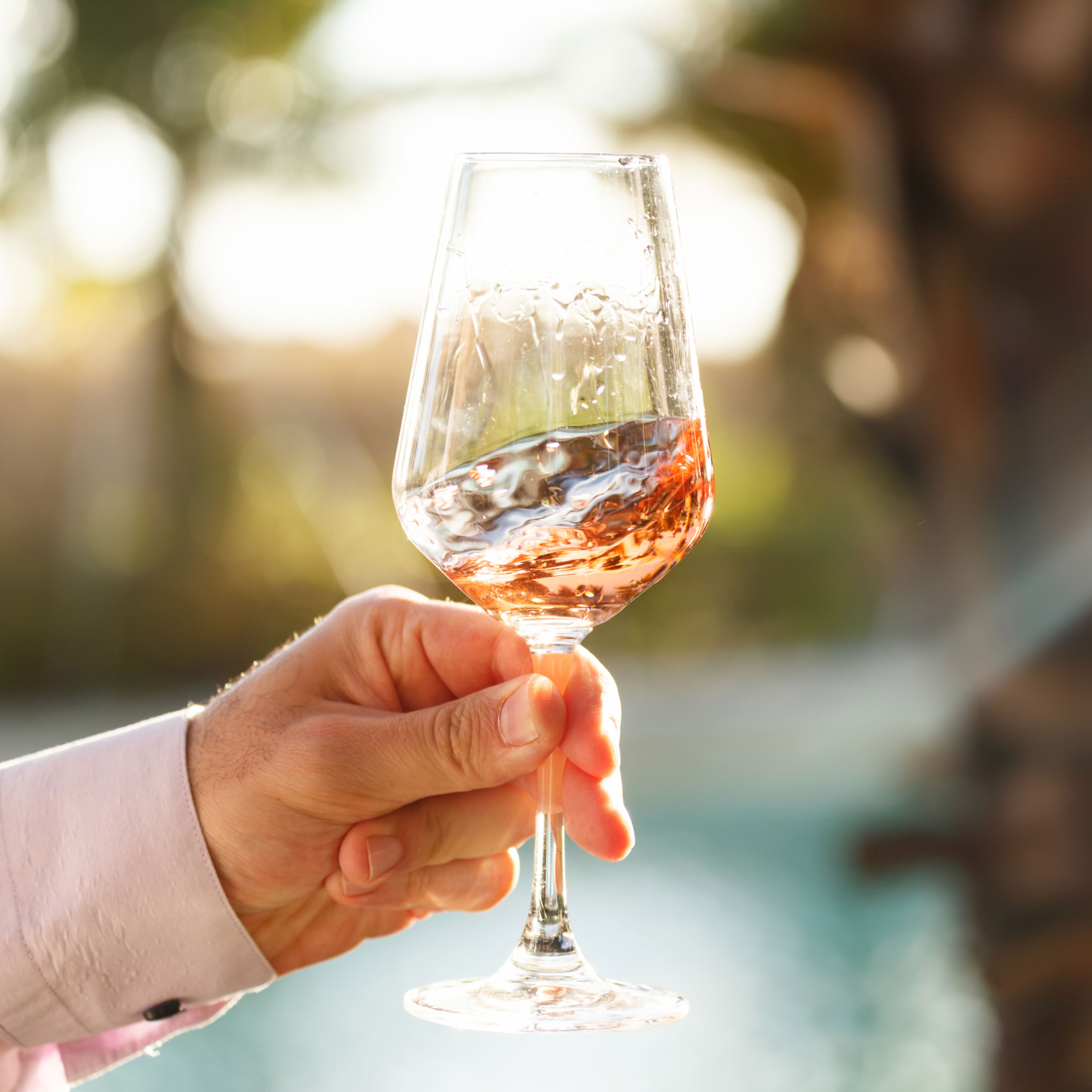 Person holding wine glass at wine tasting.