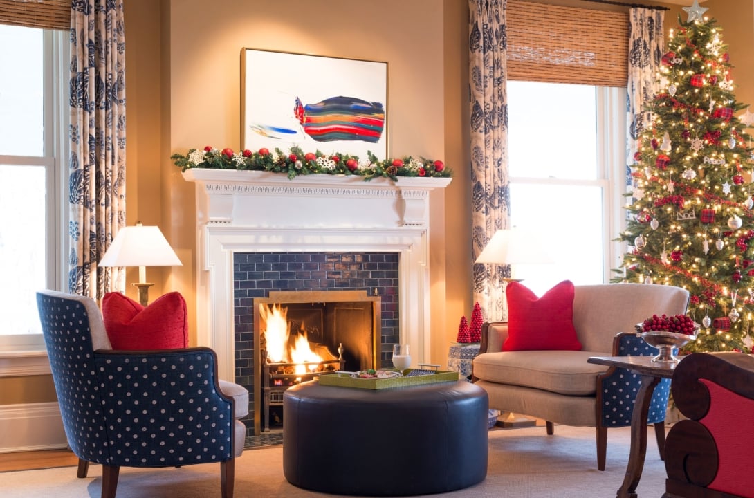 Parlor in the Rowland house with festive decortations.