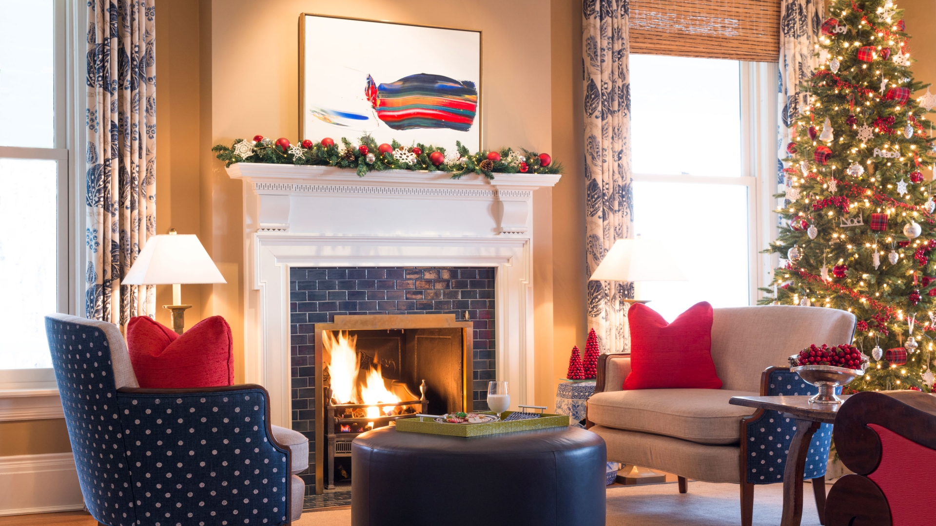 Parlor in the Rowland house with festive decortations.