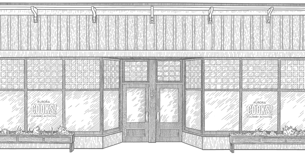 Black and white drawing of Aurora Cooks storefront.