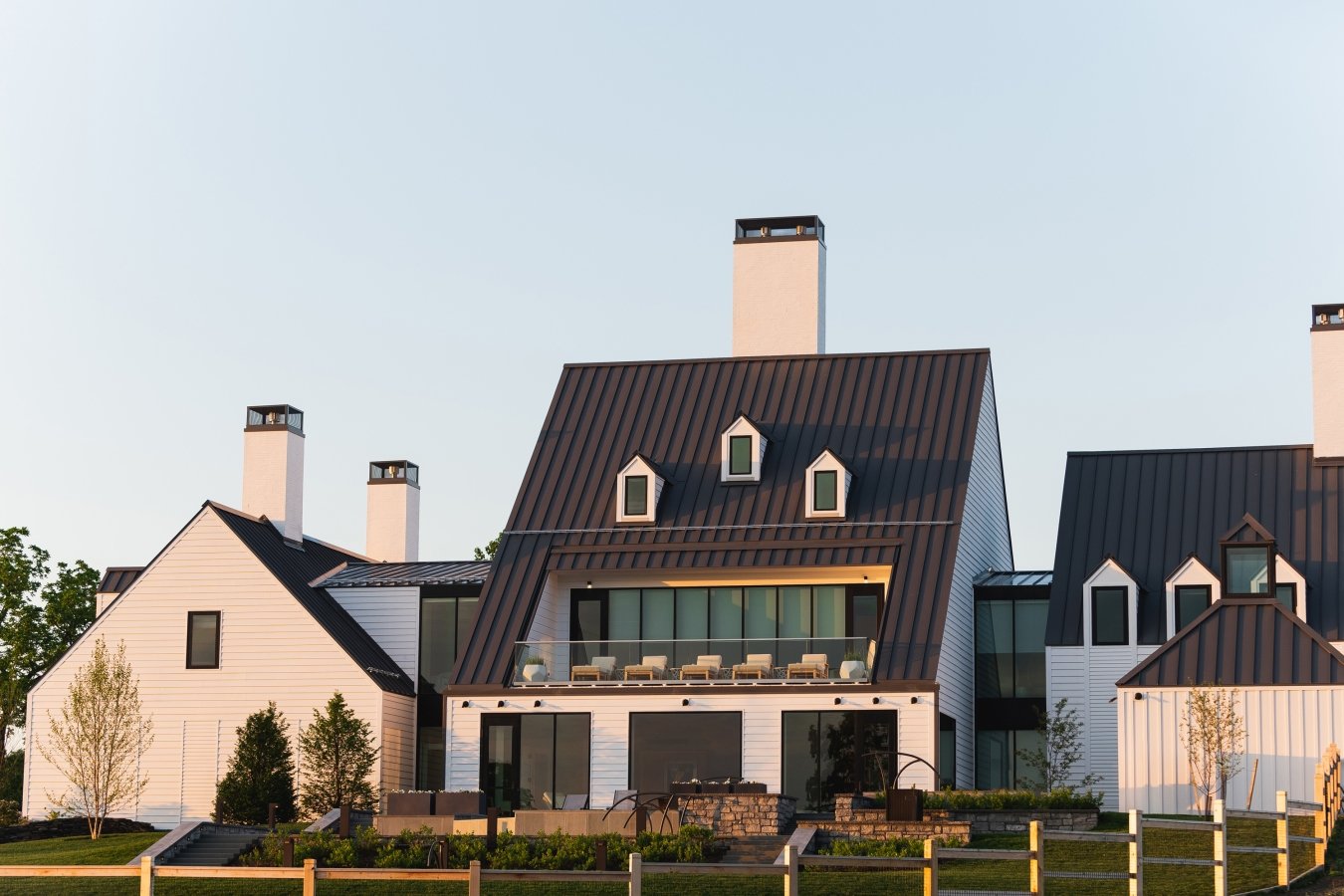 Back of the spa at Inns of Aurora during golden hour.