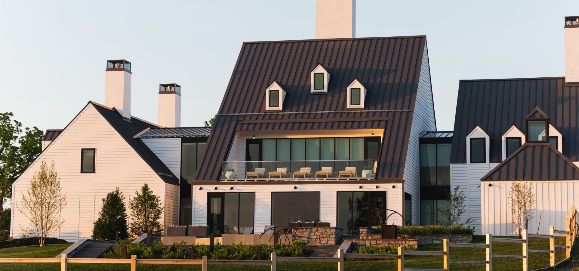 Back of the spa at Inns of Aurora during golden hour.