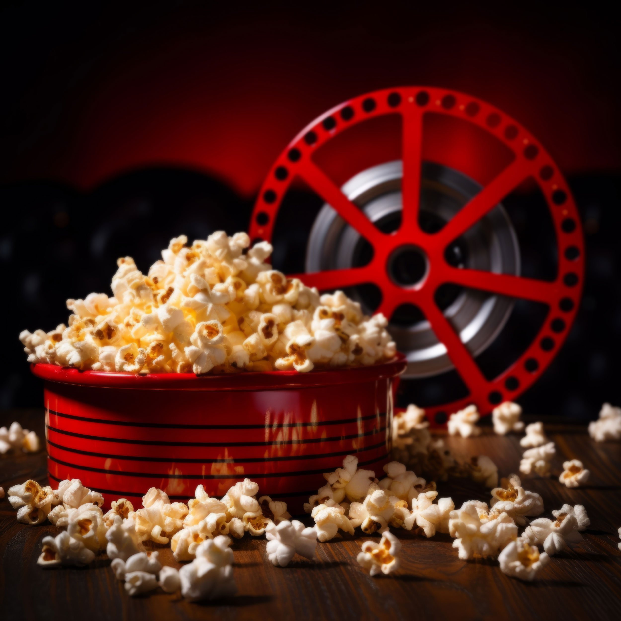 a bucket of popcorn in front of film reel